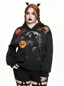 ROMWE Plus Size Halloween Pumpkin, Bat & Skeleton Print Pullover Hoodie, Fall Clothes