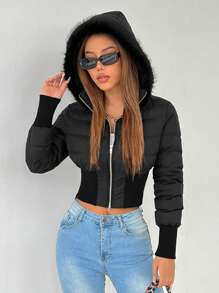 SHEIN PETITE 秋冬拉链毛绒装饰连帽短款黑色夹克 - 黑色 - 查看 5