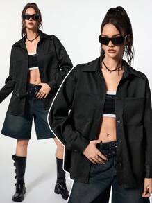 SHEIN EZwear أزياء فاخرة للحفلات بلوزات برقائق منسوجة - الأسود - مشاهدة 3