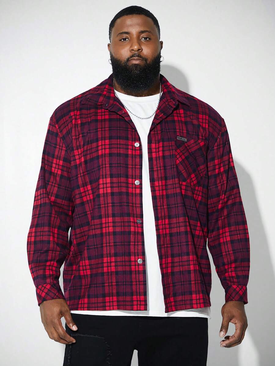 Manfinity VCAY 大码男士编织格子衬衫领长袖衬衫 - 紅色 - 查看 1