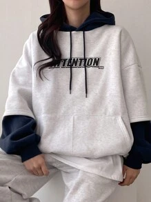 DAZY 女士撞色字母印花连帽卫衣，长袖上衣，秋季连帽衫 - 淺灰色 - 查看 2