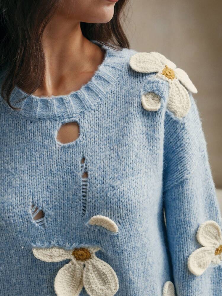 Hand Crochet 3D Floral Decor Soft Round Neck Knitted Sweater, Fall Winter