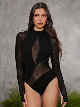 evoluSHEIN X Anitta The Perfect Party Designer sexy transparentes Mesh Einsatz Stehkragen Bodysuit, Frühling Herbst, Urlaub, Erntedankfest, Festival