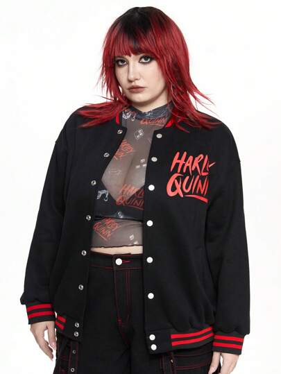 Harley Quinn | ROMWE Veste bomber avec bordure rayée, imprimé de figure de dessin animé et de lettres, taille large