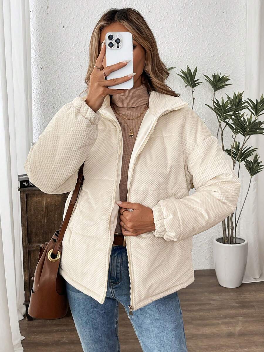 SHEIN LUNE 1pc Women's Solid Color Long Sleeve Zip-Up Corduroy Padded Padded Coat, Winter - Apricot - View 1