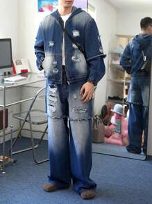 Claim Dot Men's Dark Blue Denim Distressed Loose Fit Street Style Jacket And Wide Leg Pants Set - Army Green - View 1
