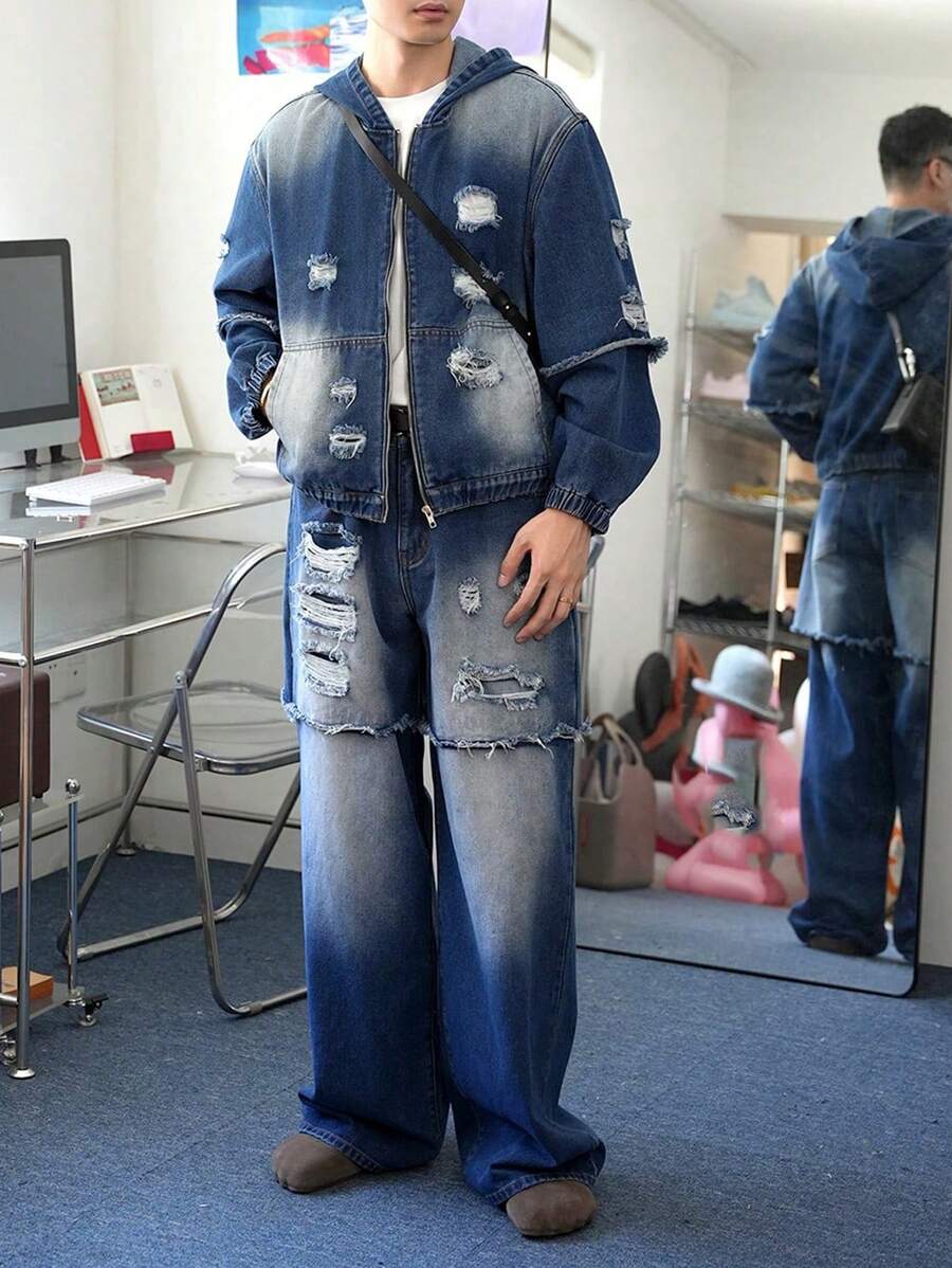 Claim Dot Men's Dark Blue Denim Distressed Loose Fit Street Style Jacket And Wide Leg Pants Set - Army Green - View 1
