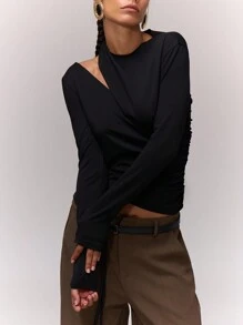 MUSERA Top de manga larga con corte asimétrico, casual de verano, básico de armario cápsula para vacaciones, sexy y lindo para el aeropuerto y vacaciones - Negro - Ver 5