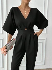 EURMUSE 100% Cotton Women's V-Neck Short Sleeve Fashionable, Graceful And Elegant Black Jumpsuit - Black - View 8