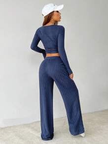 SHEIN PETITE Women's Crop Top And Long Pants Striped Textured Fabric Two Pieces Set Airport Outfit