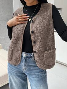 SHEIN Essnce Ladies' Casual Fashion Plush To Keep Warm All-Match Mocha Brown  Button V-Neck Sleeveless With Pocket Jacket