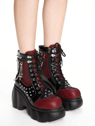 Grunge Punk Stivaletti corti con piattaforma, catena e punte, in stile gotico punk, adatti per Ognissanti, autunno, Natale, Capodanno e San Valentino