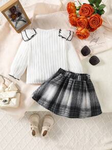 2 件装女婴撞色拼接蝴蝶结装饰长袖衬衫和格子裙套装 - 白色 - 查看 2