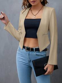 Firerie Áo khoác Blazer nữ tay dài, hở trước, màu trơn, ngắn, thường ngày, mặc hàng ngày vào mùa thu/đông - Lạc đà - Xem 4