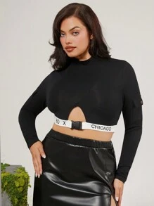 evoluSHEIN X Anitta GAUTII تي شيرت طويل الأكمام مقصّر للسيدات ذوات الحجم الكبير للربيع والخريف، مزين بحروف وتفاصيل منقوبة، مناسب للعطلات والشكر والمهرجانات - أبيض وأسود - مشاهدة 8