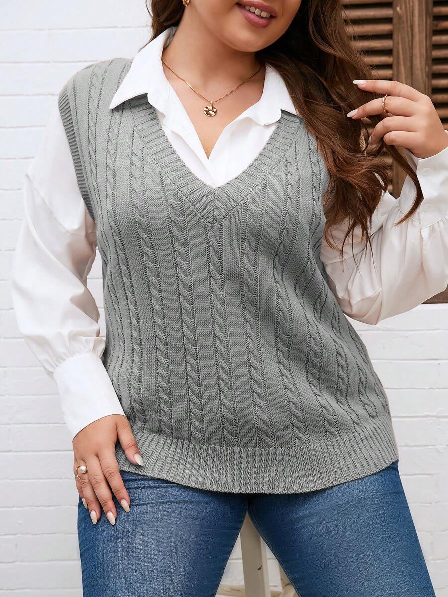 Vionelle 大码女式纯色 V 领休闲套头毛衣背心，适合冬季 - 灰色 - 查看 1