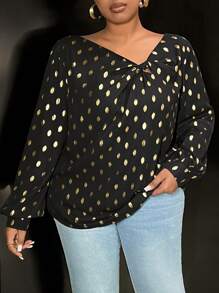 Slaydiva Plus Size Women's Black Casual Raglan Sleeve Short Sleeve Twist Metallic Shirt - Black - View 3