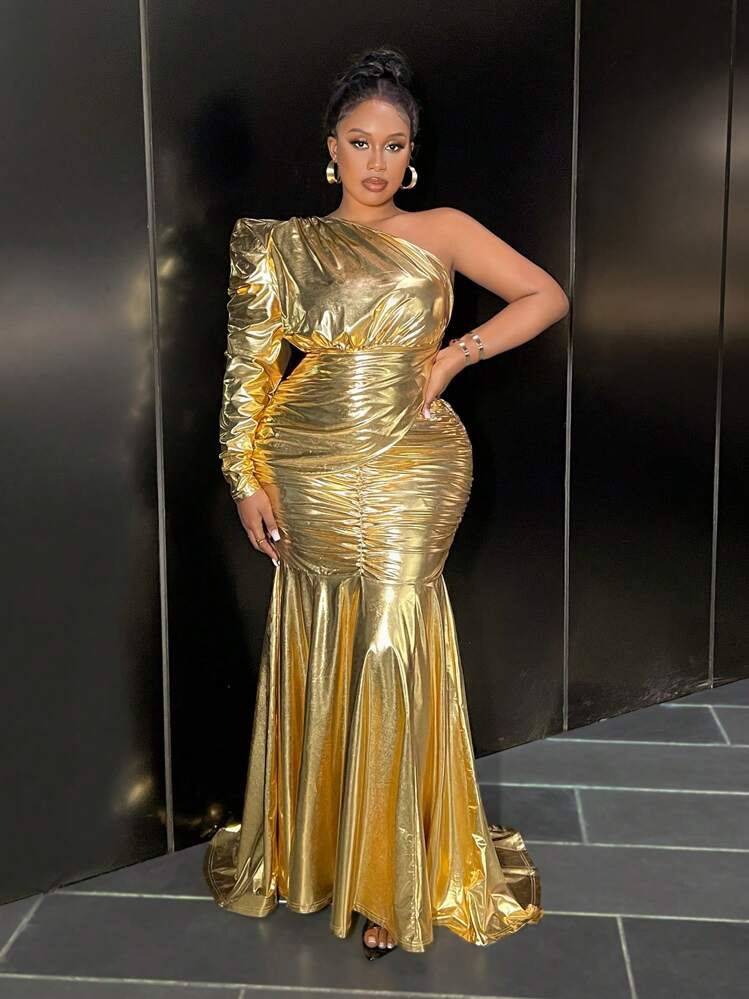 Slaydiva Plus Size Women's Elegant Luxurious Gold Metallic Shoulder Mermaid  Bodycon Party Dress | SHEIN USA