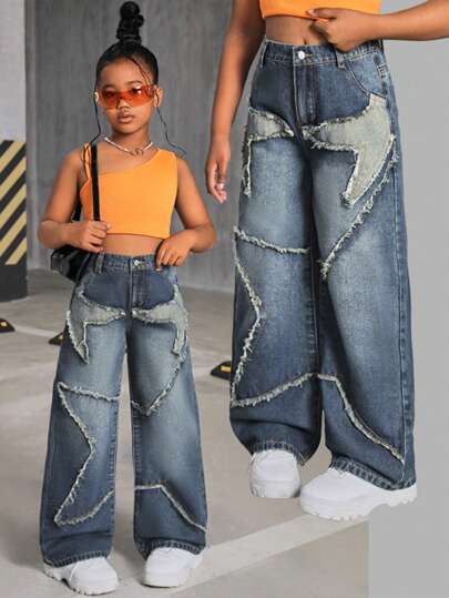 SHEIN 少女Y2K仙女风星形拼接毛边复古水洗阔腿牛仔裤，秋季返校季