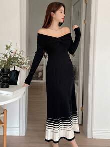 DAZY Váy len ôm dáng dài tay ombre cho nữ, hở vai mùa thu/đông - màu đen - Xem 3