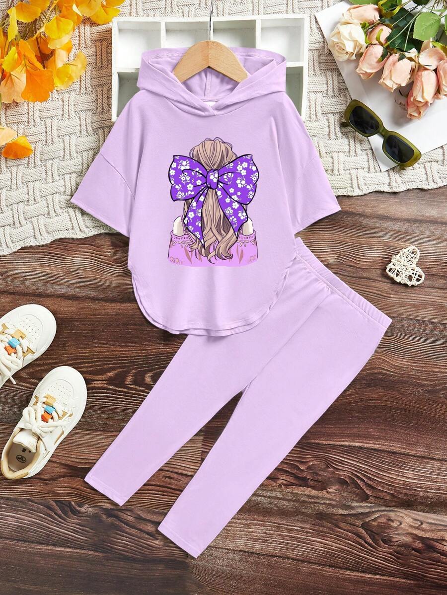 SHEIN Leap Crew 2 件套年轻女孩休闲简约圆领连帽衫和裤子套装，夏季 - 淡紫色 - 查看 1