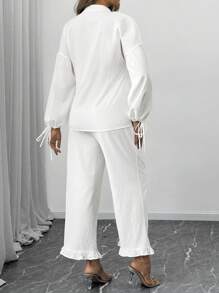SHEIN Bộ 2 chiếc áo thun tay loe cổ chữ V rộng rãi màu trơn và quần ống rộng, dành cho bà bầu - trắng - Xem 2
