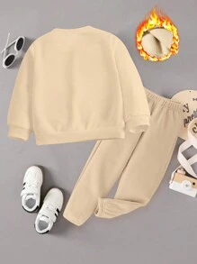 2 Stücke Baby Jungen Lässiger einfacher Buchstabe Grafik Muster Rundhals Sweatshirt & Jogginghose Set Baby Trainingsanzug - Khaki - Übersicht 2