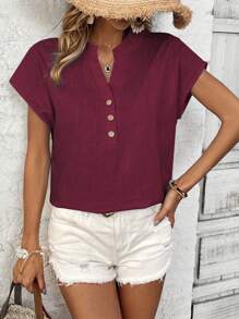 SHEIN LUNE Áo cánh dơi tay ngắn cổ chữ V trơn mùa hè cho nữ - Màu Đỏ Sâu - Xem 6