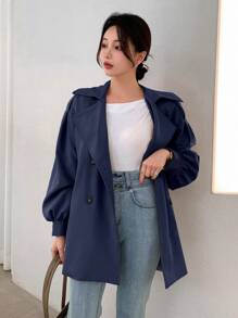 DAZY 女士翻领长袖腰带优雅迷人休闲外套，秋季女装大衣 - 藏蓝色 - 查看 6