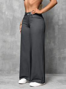 SHEIN SXY 女式休闲纽扣直筒牛仔裤 - 深灰色 - 查看 4