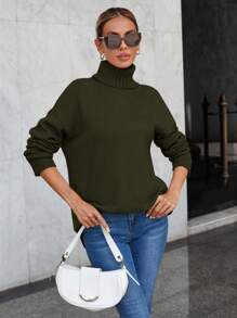 EURMUSE Solid Color High Neck Drop Shoulder Sleeve Women's Sweater - Khaki - View 4