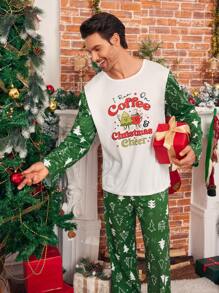 SHEIN 2 件男士圣诞睡衣套装，节日派对配套家庭睡衣，长袖上衣和裤子，舒适经典面料，冬季圣诞装饰 - 綠色 - 查看 3