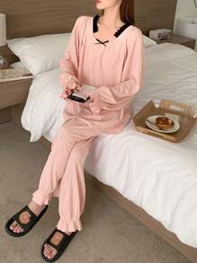 DAZY Women's Loose Pleated Contrast Color Ruffle Long Sleeve Blouse And Pants Pajama Set - Pink - View 5