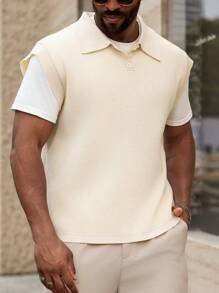 Manfinity Homme Men's Plus Size Solid Color Polo Collar Casual Sweater Vest For Autumn/Winter - Apricot - View 1