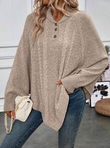 SHEIN LUNE Suéter informal de mujer con cuello vuelto, botones y mangas de murciélago
