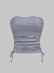 Chiquease Women's Fashionable Bandeau Backless Striped Design Tie-Up Blouse - Blue and White - View 3