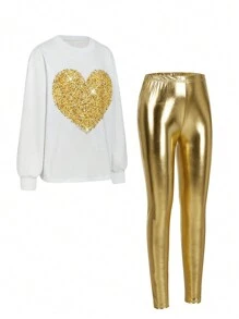 SHEIN 2pcs Tween Girl Casual Loose Knit Long Sleeve T-Shirt With Sequin Print Faux Leather Leggings Set - Multicolor - View 2