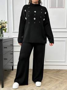 EURMUSE Plus Size Women's Pearl Beaded Knit Sweater 2pcs/Set, For Winter - Black - View 1