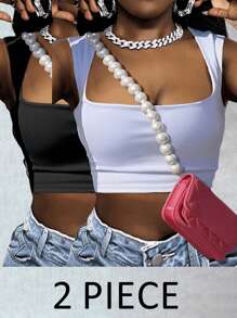 Slaydiva 2pcs/Set Casual Square Neck Sleeveless Crop Top Bodycon Suit, Summer - Multicolor - View 1