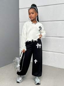 SHEIN Jersey de punto con cuello redondo de manga larga informal para niñas preadolescentes, otoño/invierno - Blanco - Ver 3