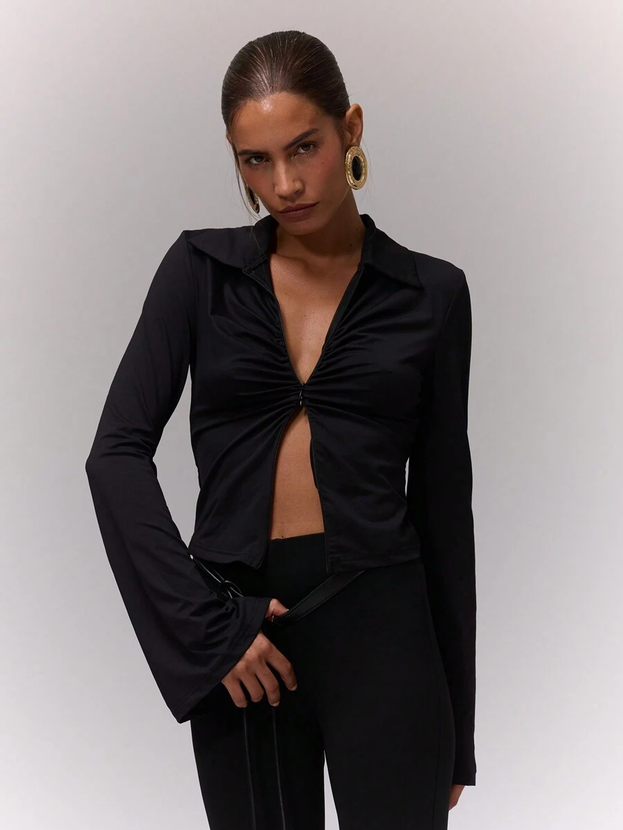 MUSERA Ruched Front Collared Zip Up Top Casual Everyday Holiday ...