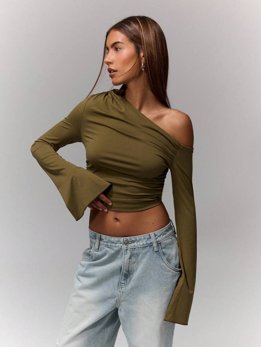 MUSERA Asymmetric Ruched Long Sleeve Crop Top Spring Summer Vacation Everyday Capsule Wardrobe - Army Green - View 1