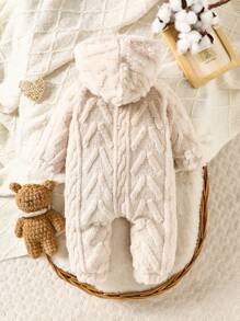 SHEIN Bộ đồ liền thân bằng vải nỉ có mũ trùm đầu, tay dài cài nút phía trước cho bé trai - Màu be - Xem 2