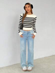 SHEIN PETITE Striped Pattern Ribbed Knit Sweater In Fall/Winter - Black and White - View 6