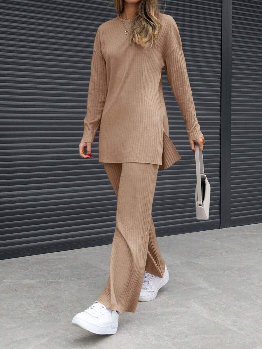 2pcs Women's Round Neck Long Sleeve Solid Minimalist Blouse And Straight Leg Casual Pants Set - Brown - View 1