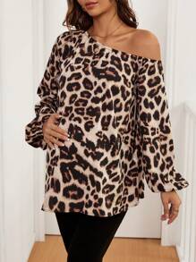 SHEIN Pregnant Women's Casual Asymmetric Collar Lantern Sleeve Loose Fit Leopard Print Blouse, Spring Summer, For Maternity - Brown - View 3