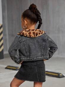 SHEIN Jacke für Kleinkind Mädchen mit Leopardenmuster, Fleischkragen und Oversized schwarzer Denim