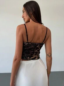 Aloruh Top de tirantes con contraste de color y lentejuelas de leopardo sexy nueva para mujer - Marrón - Ver 3