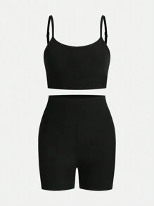 SHEIN Essnce 3 件套女士休闲轻便运动夏季性感时尚户外运动骑行网球旅行背心和紧身短裤和衬衫 - 紅色 - 查看 3