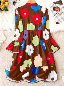 Chiquease 女士休闲花卉印花镂空领口连衣裙、度假装 - 棕色 - 查看 2